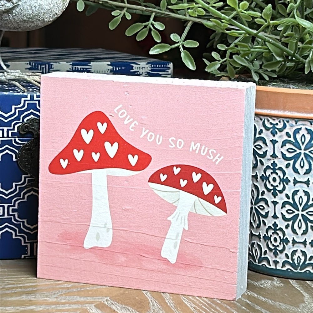 NEW! Enchanted Forest Garden Wild Mushroom & Valentines Day Heart Love Wood Sign
